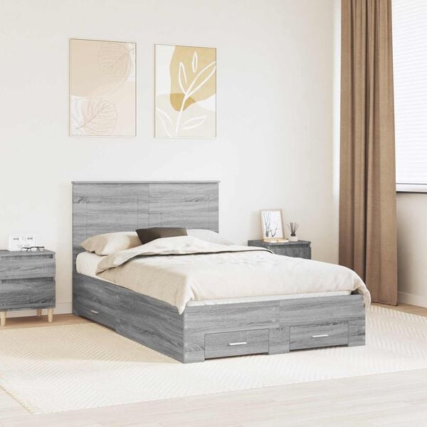 vidaXL Bed Frame with Drawer Grey Sonoma 120 x 190 cm Engineered Wood