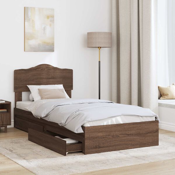 vidaXL Storage Bed with Drawer Brown Oak 70 x 190 cm Engineered Wood