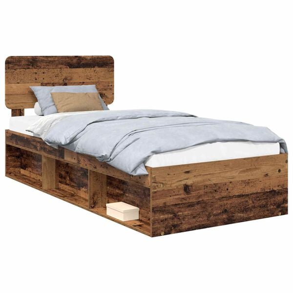 vidaXL Bed Frame with Headboard Old Wood 75 x 190 cm Solid Pine Wood