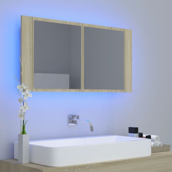 vidaXL LED Bathroom Mirror Cabinet Sonoma Oak 90x12x45 cm Acrylic