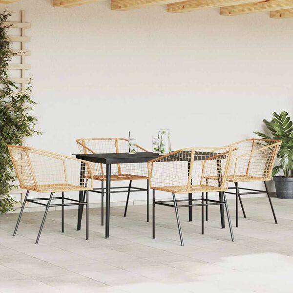 vidaXL 5 Piece Garden Dining Set Brown Poly Rattan Glass