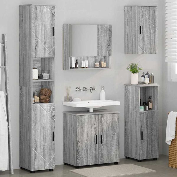 vidaXL Bathroom Furniture Set Wall-mounted with Door 5 pcs Grey Sonoma