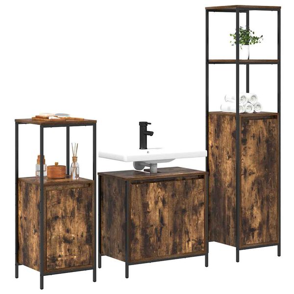 vidaXL Bathroom Furniture Set with Shelf 3 pcs Smoked Oak and Black