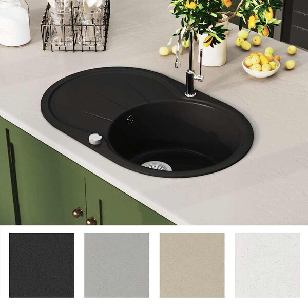 vidaXL Granite Kitchen Sink Single Basin Oval Black