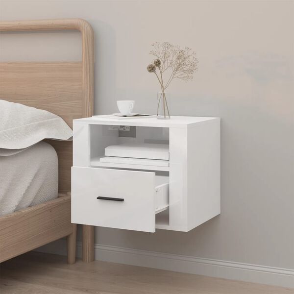 vidaXL Wall-mounted Bedside Cabinet High Gloss White 50x36x40 cm