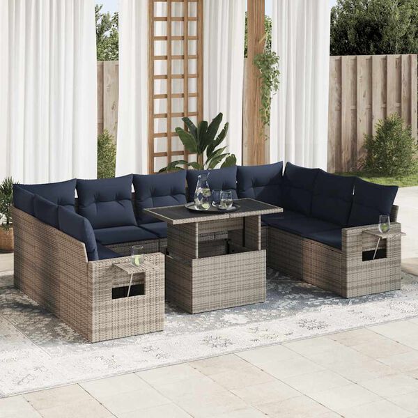 vidaXL 10 Piece Garden Sofa Set with Cushions Grey Poly Rattan Acacia