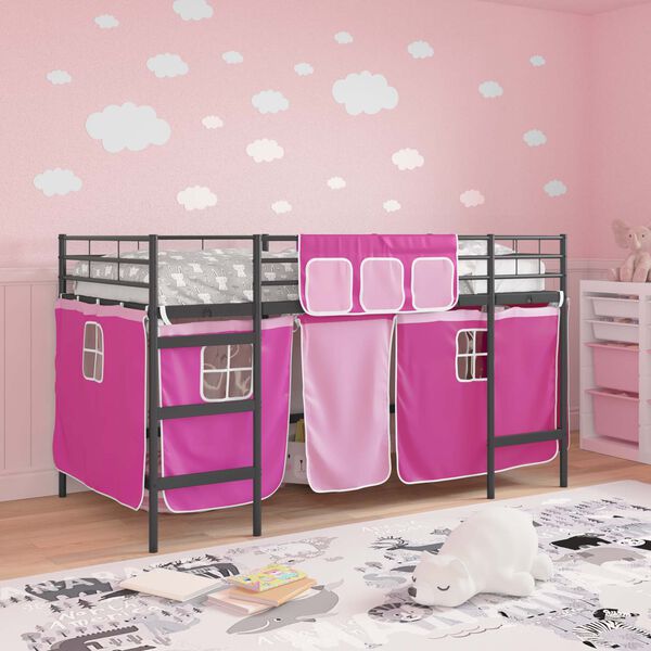 vidaXL Kids'Loft Bed Frame with Curtains Black and Pink 100 x 200 cm