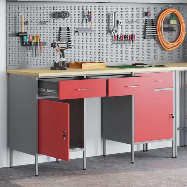 vidaXL Work Cabinet with Drawer with Lock 3 pcs Red 150 x 55 x 85 cm