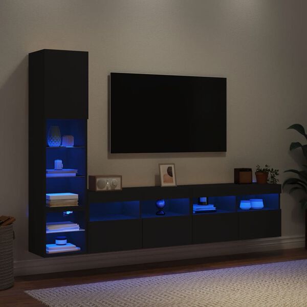 vidaXL 4 Piece TV Wall Units with LED Black Engineered Wood