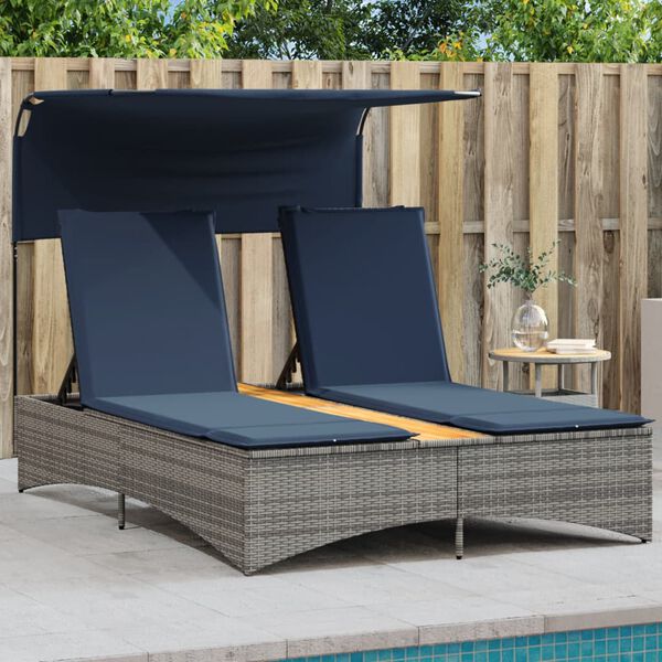 vidaXL Double Sun Lounger with Canopy and Cushions Grey Poly Rattan