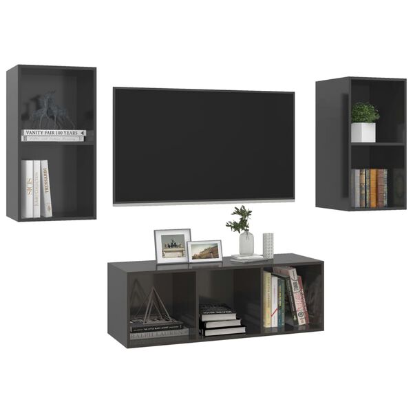 vidaXL 3 Piece TV Cabinet Set High Gloss Grey Engineered Wood