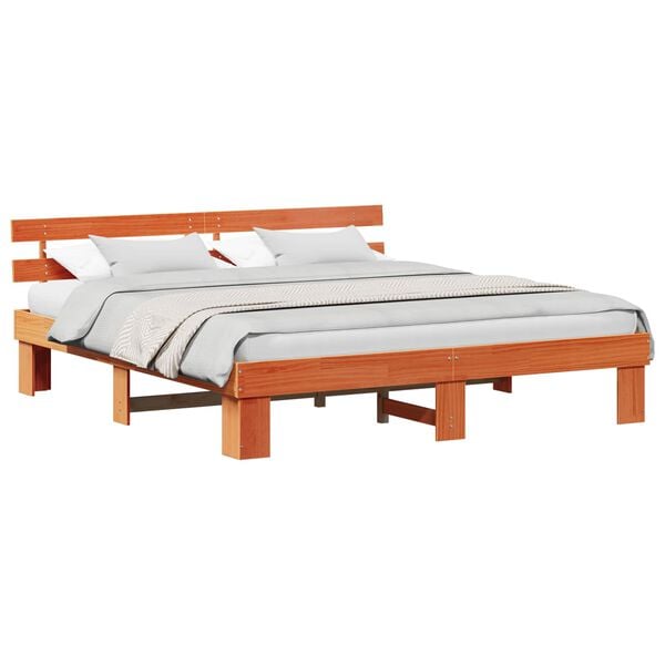 vidaXL Bed Frame with Headboard Wax Brown 200 x 200 cm Solid Pine Wood