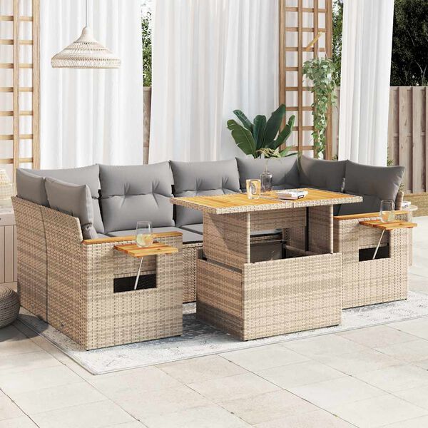vidaXL 7 Piece Garden Sofa Set with Cushions Beige Poly Rattan Acacia