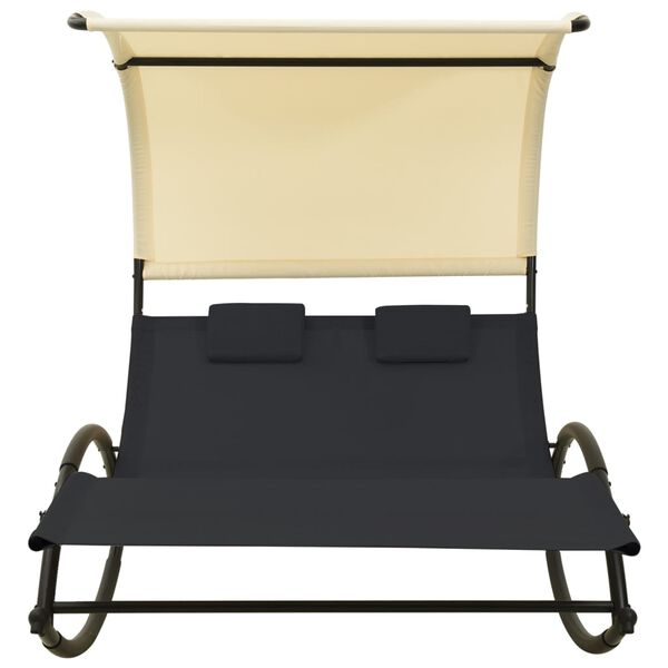 vidaXL Double Sun Lounger with Canopy Textilene Black and Cream