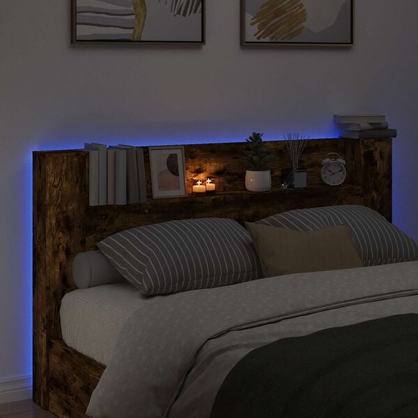 vidaXL Headboard Cabinet with LED Smoked Oak 180 x 16.5 x 103.5 cm