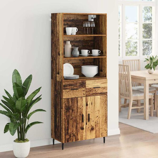vidaXL Highboard Old Wood 69.5 x 34 x 180 cm Engineered Wood and Glass