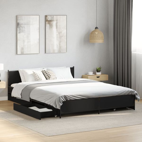 vidaXL Bed Frame with Drawers without Mattress Black 150x200 cm King Size