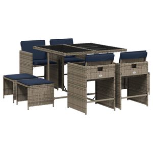vidaXL 9 Piece Garden Dining Set with Cushions Grey Poly Rattan