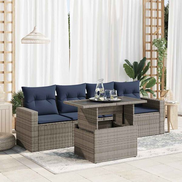 vidaXL 5 Piece Garden Sofa Set with Cushions Grey Poly Rattan Acacia