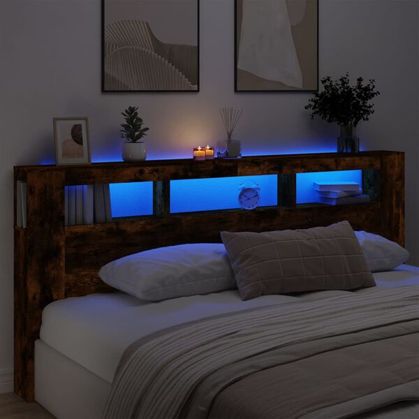 vidaXL LED Headboard Smoked Oak 220x18.5x103.5 cm Engineered Wood