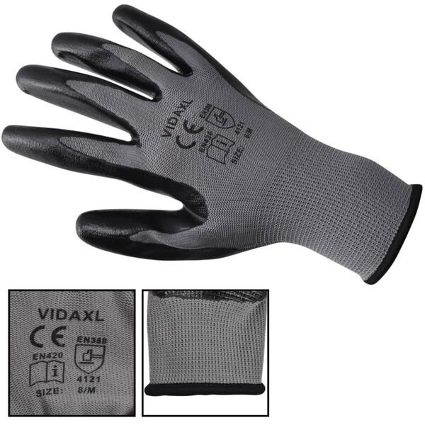 vidaXL Work Gloves Nitrile 24 Pairs Grey and Black Size 8/M