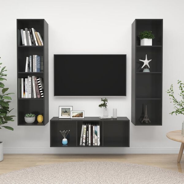 vidaXL 3 Piece TV Cabinet Set High Gloss Grey Engineered Wood