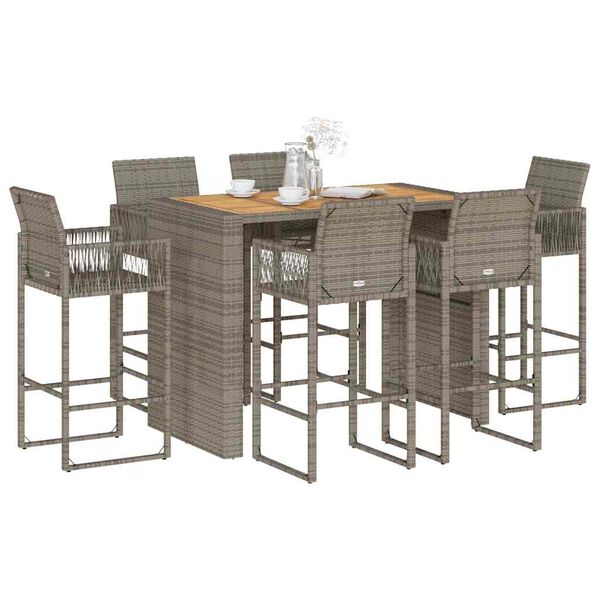 vidaXL 7 Piece Garden Bar Set without Cushions Grey Poly Rattan Acacia