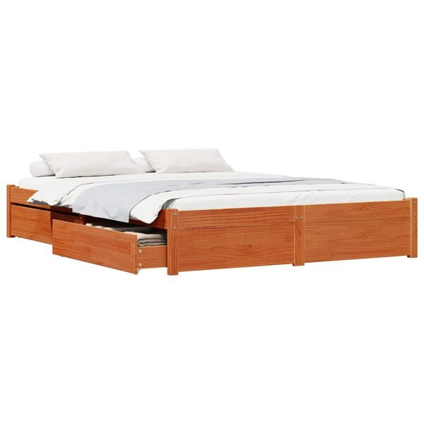 vidaXL Bed Frame with Drawer Wax Brown 150 x 200 cm Solid Pine Wood
