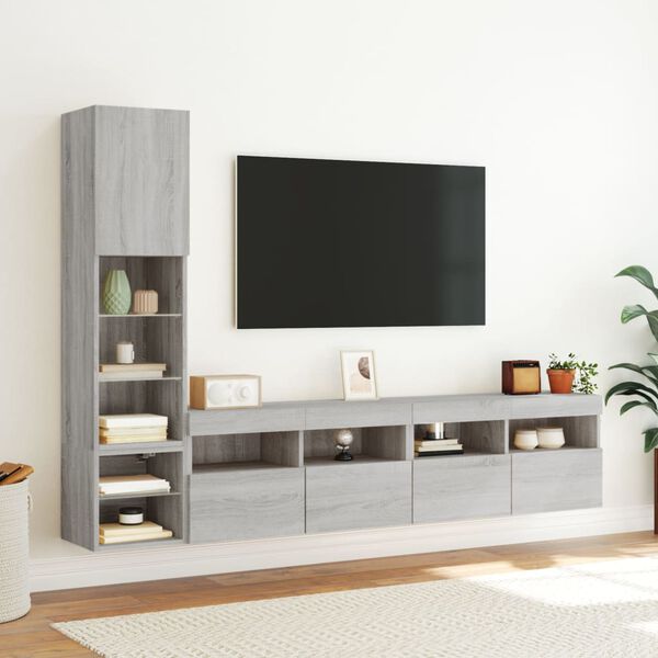 vidaXL 4 Piece TV Wall Units with LED Grey Sonoma Engineered Wood