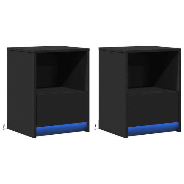 vidaXL Bedside Cabinets with LED Lights 2 pcs Black Engineered Wood