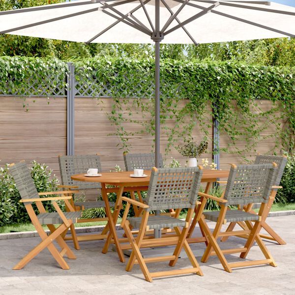 vidaXL Folding Garden Chairs 6 pcs Grey Poly Rattan and Solid Wood