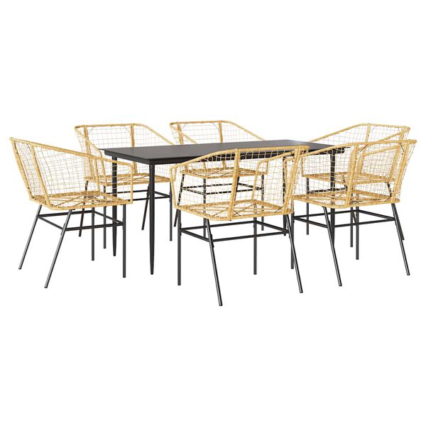 vidaXL 7 Piece Garden Dining Set Brown Poly Rattan Glass