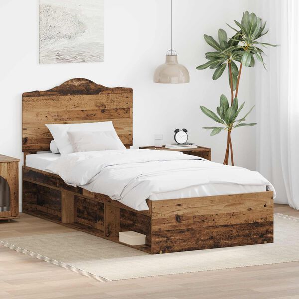 vidaXL Bed Frame with Headboard Old Wood 90 x 200 cm Solid Pine Wood