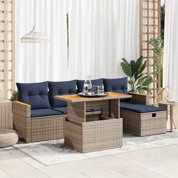 vidaXL 6 Piece Garden Sofa Set with Cushions Grey Poly Rattan Acacia