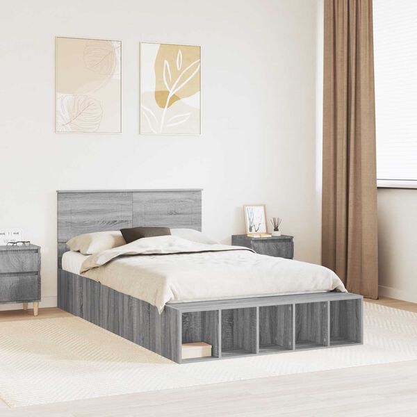vidaXL Bed Frame with Shelf Grey Sonoma 120 x 190 cm Engineered Wood
