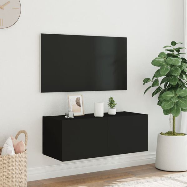 vidaXL TV Wall Cabinet with LED Lights Black 80x35x31 cm