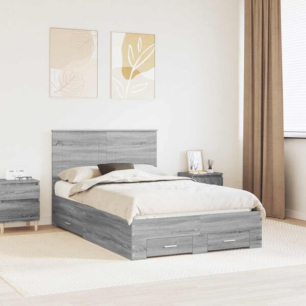 vidaXL Bed Frame with Drawer Grey Sonoma 135 x 190 cm Engineered Wood