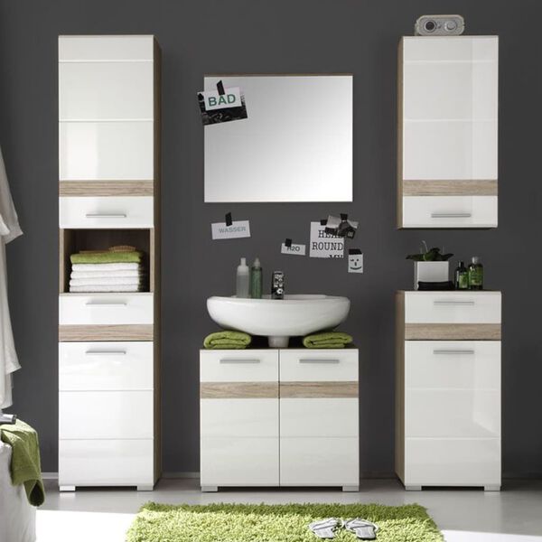 Trendteam Bath Storage Cabinet Set-One White and Light San Remo Oak