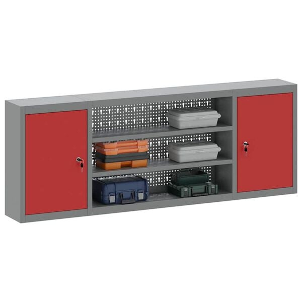 vidaXL Tool Cabinet with Shelf with Lock Red and Grey 150 x 20 x 55 cm