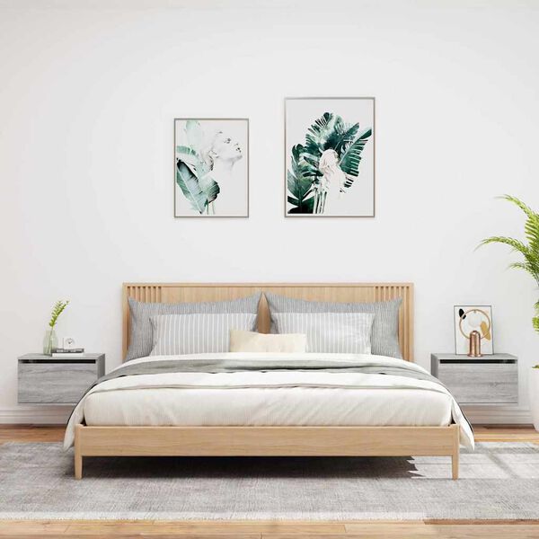 vidaXL Wall-mounted Bedside Cabinets with LED Lights 2 pcs Grey Sonoma