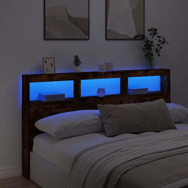 vidaXL Headboard Cabinet with LED Smoked Oak 180x17x102 cm
