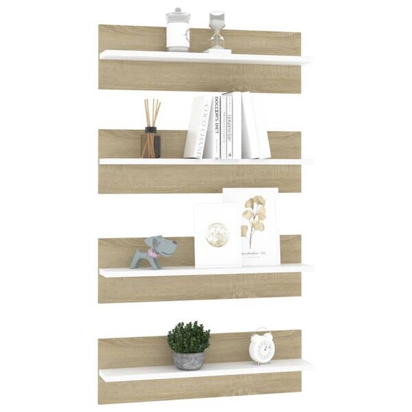 vidaXL Wall Shelf 4 pcs White and Sonoma Oak 60x11.5x18 cm Engineered Wood
