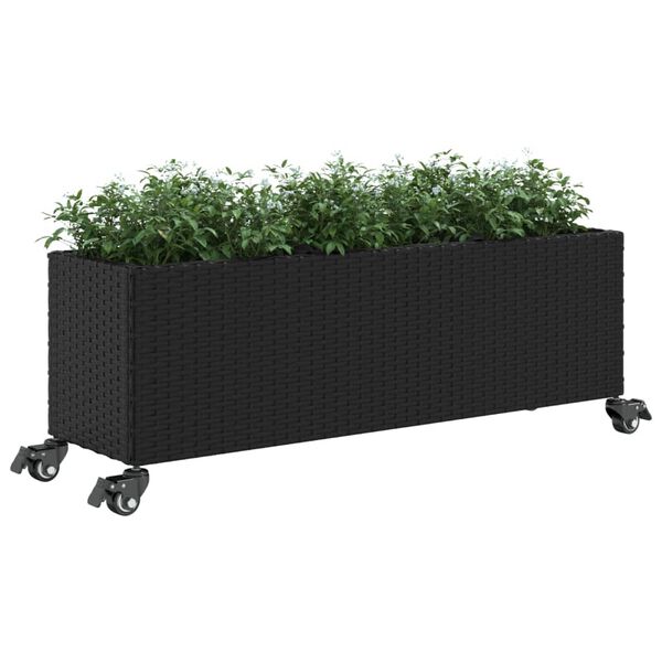 vidaXL Garden Planter with Wheels and 3 Pots Black 107x32x38 cm Poly Rattan