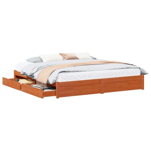 vidaXL Bed Frame with Drawer Wax Brown 200 x 200 cm Solid Pine Wood