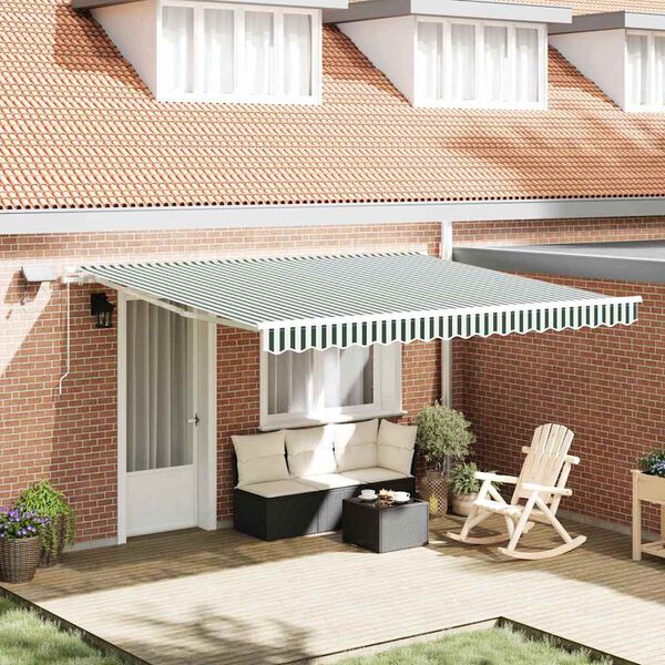 vidaXL Retractable Awning Manual Green and White 400 x 300 cm