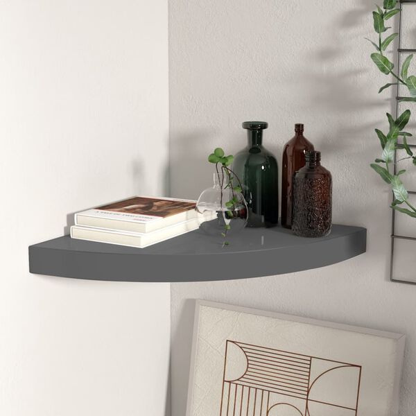 vidaXL Floating Corner Shelf High Gloss Grey 35x35x3.8 cm MDF