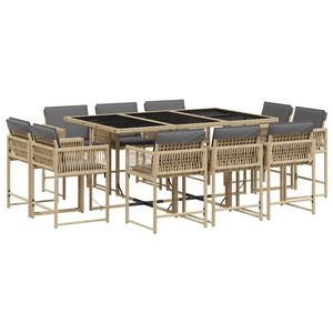 vidaXL 11 Piece Garden Dining Set with Cushions Mix Beige Poly Rattan