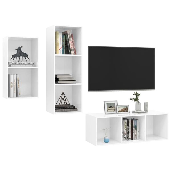 vidaXL 3 Piece TV Cabinet Set High Gloss White Engineered Wood