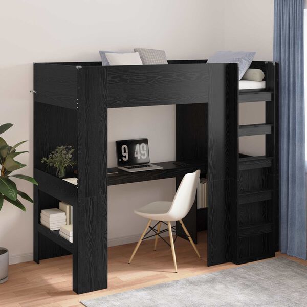 vidaXL Loft Bed Frame with Desk Black Oak 90 x 190 cm Engineered Wood