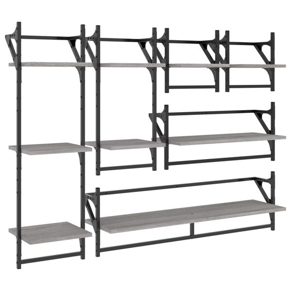 vidaXL 6 Piece Wall Shelf Set with Bars Grey Sonoma Engineered Wood